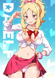 1girls :p alternate_costume artist_name blonde_hair blush bow bracelet breasts brown_eyes character_name cleavage collarbone cosplay cowboy_shot erect_nipples eromanga_sensei female female_only gyaru jewelry joy_ride kogal large_breasts lifted_by_self loose_bowtie midriff nail_polish navel nipples no_bra panties pointy_ears ponytail ring school_uniform scrunchie shirt side-tie_panties signature skirt skirt_lift smile socks solo stomach striped striped_scrunchie tied_hair tied_shirt tongue tongue_out underwear upskirt w wrist_scrunchie yamada_elf