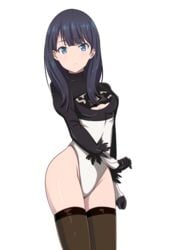 1girls alternative_costume ass bare_thighs black_hair blue_eyes breasts closed_mouth cosplay eyebrows_visible_through_hair female female_only high_resolution large_ass leotard light_background long_hair looking_at_viewer mahdi nier:_automata nier_(series) panties simple_background small_breasts solo ssss.gridman standing takarada_rikka thighhighs thighs white_background wide_hips yorha_2b_(cosplay)