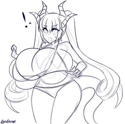 ! alphaerasure bikini dragon_girl dragon_humanoid horns huge_breasts malice_(alphaerasure) overflowing_breasts sketch surprised twintails