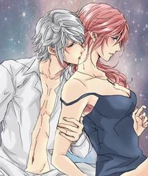 1boy 1girls abs age_difference aged_up artist_request blue_eyes blush clothed cuddling eclair_farron female final_fantasy final_fantasy_xiii hand_on_arm hope_estheim licking_neck muscular necklace open_shirt pink_eyes ponytail tagme tank_top white_hair