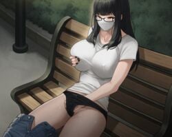 1girls animated bench big_breasts black_hair black_nails black_panties black_underwear bow bow_panties breast_grab breasts clothed_masturbation clothing covered_nipples erect_nipples erect_nipples_under_clothes female female_only glasses hand_in_own_panties hand_in_panties jeans kkamja large_breasts mask masturbation nail_polish no_bra no_bra_under_clothes open_fly outdoors panties panties_down pants_around_one_leg pants_down public public_masturbation red_eyes reina_(kkamja) solo solo_female solo_focus sweat underwear unzipped unzipped_pants white_shirt