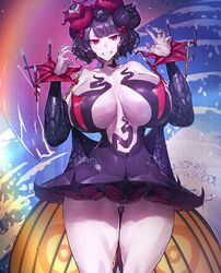 alternate_breast_size ass_visible_through_thighs fate/grand_order fate_(series) grin hair_ornament huge_breasts katsushika_hokusai_(fate) katsushika_hokusai_(third_ascension)_(fate) large_breasts looking_at_viewer melon22 miniskirt muscular_thighs possessed possession red_eyes tentacle thick_thighs