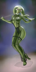 bare_shoulders dancer dancer_outfit eyeshadow fishnet_bodysuit fishnets green_skin harem_girl harem_outfit harem_pants headdress large_breasts leash oola open_toe_shoes platamatina_(artist) sandals slave slave_collar slave_leash slave_outfit slavegirl star_wars twi'lek voluptuous