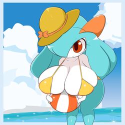 1:1 1girls anthro anthrofied beach big_breasts bikini blue_skin cleavage female hat huge_breasts humanoid kirlia large_breasts nintendo pokémon_(species) pokemon pokemon_(species) pokemon_rse red_eyes rui_(sugaru) shiny_pokemon shortstack smaller_female smile sugaru thick_thighs white_skin