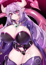 alma_elma bat_wings black_thong breast_tattoo breasts bridal_gauntlets cape cleavage demon_girl demon_horns demon_tail demon_wings dress female horns huge_breasts large_breasts long_hair looking_at_viewer mon-musu_quest! monster_girl monster_girl_quest navel osiimi pointed_ears pointy_ears purple_dress purple_hair red_eyes revealing_clothes smile solo solo_female standing succubus succubus_costume succubus_horns succubus_queen succubus_tail succubus_wings tagme tail tattoo thick_thighs thighhighs thong wide_hips wings