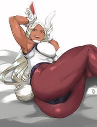 1girls :d animal_ears armpits ass breasts bunny_ears bunny_girl bunny_pose bunny_tail bunnysuit dark-skinned_female dark_skin female female_only fishnet_legwear fishnets gloves highres large_breasts leotard long_eyelashes long_hair looking_at_viewer lying miruko my_hero_academia on_side red_eyes rumi_usagiyama ryopie signature solo superhero superheroine tail thick_thighs thighs white_gloves white_hair white_leotard