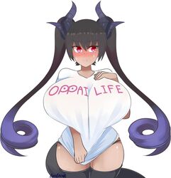 alphaerasure big_breasts blue_hair blush breasts dragon_girl dragon_humanoid female female_only flustered horns huge_breasts malice_(alphaerasure) red_eyes thighhighs twintails