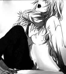 1boy 1girls age_difference aged_up artist_request black_and_white black_clothing breast_sucking eclair_farron exposed_breasts faceless_male female final_fantasy final_fantasy_xiii hand_on_thigh hope_estheim hug monochrome open_mouth tagme