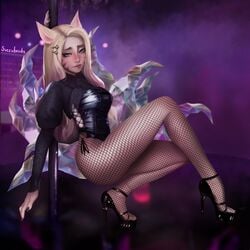 1girls ahri blush club fishnets fox_ears foxgirl high_heels k/da_ahri k/da_all_out_ahri k/da_all_out_series k/da_series league_of_legends open_toe_shoes pantyhose pole pole_dancing riot_games stiletto_heels stripper_heels stripper_pole succubewbs sweat the_baddest_ahri very_high_heels