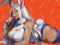 1girls :d animal_ears ass bangs bare_shoulders blue_legwear breasts bunny_ears bunny_girl bunny_tail carrot dark-skinned_female dark_skin huge_ass long_hair looking_at_viewer lying miruko my_hero_academia on_stomach open_mouth parted_bangs red_eyes rumi_usagiyama smile solo superhero superheroine suurin_(ksyaro) tail teeth thick_thighs thighhighs thighs tongue tongue_out white_gloves white_hair white_leotard