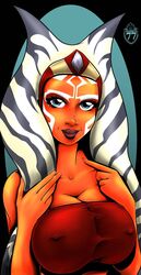 1girls ahsoka_tano alien alien_girl big_breasts black_background blue_eyes cleavage clothed clothing erect_nipples eyelashes female female_only inviting large_breasts lekku_pull looking_at_viewer marker77 nipples_visible_through_clothing orange_skin red_clothing red_tubetop simple_background solo star_wars star_wars_rebels text tight_clothing tight_top togruta tube_top tubetop