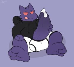 3_toes anthro balls big_balls big_penis birdvian bodily_fluids bulge clothing cum cum_drip dripping feet gengar genital_fluids genitals ghost hi_res hoodie humanoid_genitalia humanoid_penis male male_only nintendo penis pokémon_(species) pokemon simple_background solo spirit toes tongue tongue_out topwear underwear undies video_games