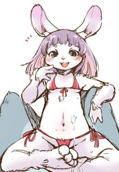 2020 anthro bikini blush bodily_fluids breasts clothed clothing cum cum_on_stomach female genital_fluids kemono lagomorph leporid mammal navel rabbit setouchi_kurage simple_background small_breasts solo swimwear white_background