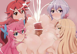 1boy 4girls amou_kanade blush cum ejaculation ejaculation_between_breasts fine_(symphogear) huge_breasts kaz maria_cadenzavna_eve multiple_paizuri paizuri penis quadruple_paizuri senki_zesshou_symphogear straight yukine_chris