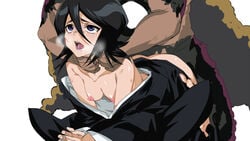 1boy 1girls all_fours asphyxiation black_hair bleach breasts clothed_sex doggy_style drooling empty_eyes eyes_rolling_back faceless_male female from_behind hands_on_another's_neck kuchiki_rukia male nipples open_mouth purple_eyes rape rough_sex sex sex_from_behind shiny shiny_hair shiny_skin short_hair simple_background small_breasts solo_focus straight strangling sweat toranpo_rintarou white_background