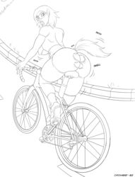 ass_cleavage ass_expansion bicycle big_ass breast_expansion butt_crack catchabird horse looking_back monochrome race ripped_clothing shocked torn_shoes transformation