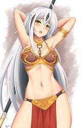 1girls amber_eyes arciealbano armband armpits belly_dancer belly_dancer_outfit blush chains cosplay crossover_cosplay dancer dancer_outfit fate/grand_order fate_(series) female hands_behind_head harem_girl harem_outfit hourglass_figure loincloth long_hair looking_at_viewer nagao_kagetora_(fate) navel silver_hair slave slave_bikini slave_collar slave_leia_(cosplay) slave_outfit slavegirl star_wars