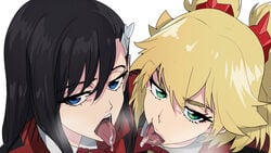 2girls black_hair bleach blonde_hair blue_eyes burn_the_witch cape capelet cum duo duo_focus female_only green_eyes hair hair_ornament long_hair looking_at_viewer multiple_girls necktie ninny_spangcole noel_niihashi saliva simple_background tongue tongue_out toranpo_rintarou twintails uniform upper_body white_background