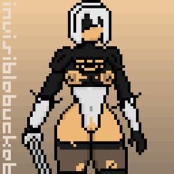 black_blindfold black_footwear black_hairband black_legwear blindfold breasts cleavage cleavage_cutout footwear hairband invisiblebucket legwear nier:_automata nier_(series) nipples pixel_art puffy_sleeves pussy thighhighs thorn_clothes white_hair yorha_2b