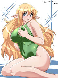 1girls big_breasts blonde blonde_hair blue_eyes blush breasts busty elf elf_ears elf_female eyebrows_visible_through_hair female female_only grabbing_own_breast green_swimsuit large_breasts light-skinned_female light_skin long_ears long_hair looking_away looking_to_the_side momoshiba one-piece_swimsuit pointy_ears sitting skintight solo solo_female swimsuit tagme thick_thighs thighs tiffania_westwood yellow_hair zero_no_tsukaima