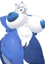 5_fingers absurd_res anthro big_breasts big_nipples blue_lips blue_nipples blue_nose blue_pussy breasts byspoon canid canine canis curvy_figure darbo domestic_dog female fingers genitals hair hands_on_hips hi_res hourglass_figure huge_breasts husky hyper hyper_breasts knee_up lips looking_at_viewer mammal navel nipples nordic_sled_dog perspective pussy silver_eyes simple_background smile smiling_at_viewer solo spitz thick_thighs white_hair wide_hips