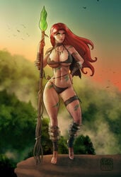 1girls amber_eyes armband belly cleavage curvy earring everhobbes female hand_on_hip jungle large_breasts looking_at_viewer navel necklace original original_character red_hair sharp_fingernails sharp_toenails spear torn_clothes voluptuous war_paint warrior