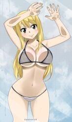 1girls against_glass bikini bikini_bottom bikini_top blonde_hair breasts_on_glass fairy_tail female female_only flat_belly gaston18 looking_at_viewer lucy_heartfilia navel shower smile solo tagme thin_waist white_bikini wide_hips