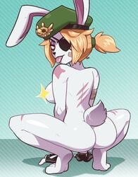 anthro ass bandage beret big_butt blonde_hair breasts bunny_ear bunny_girl bunny_tail commando_bun datskelebutt eyepatch female fingerless_gloves itsdatskelebutt leather_gloves original_character playful ponytail red_eyes sticking_out_tongue tagme white_fur