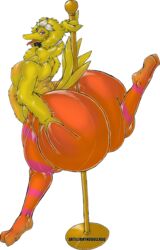 anthrofied ass avian big_ass big_bird big_butt bird bowtie butt gay hyper hyper_ass hyper_butt looking_at_viewer looking_back male male_only pole_between_ass pole_dancing rhynobullraq sesame_street smile yellow_feathers