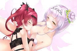 2girls blush bra breast_sucking breasts closed_eyes collarbone commentary_request hair_bun hair_ornament hololive hololive_fantasy hololive_gen_2 hololive_japan holox houshou_marine lavender_hair long_hair lying_on_lap medium_breasts multiple_girls murasaki_shion red_hair sorbitol sucking_nipples underwear virtual_youtuber yellow_eyes yuri