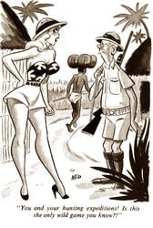 1girls black_heels blonde_hair curvaceous curvy dan_decarlo female high_heels hotpants safari safari_girl safari_hat shorts taller_girl