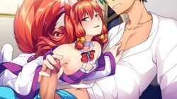 2boys animal_ears aogiri_penta bangs bare_shoulders bell blue_pants blush bow choker clenched_teeth clothing cuddling_handjob erection femboy fox_boy fox_ears fox_tail game_cg green_eyes hair_bell hair_ornament hand_on_another's_chest handjob head_out_of_frame japanese_clothes jingle_bell josou_jinja long_hair loose_clothes loose_shirt magatama male_focus masato_(josou_jinja) multiple_boys navel nipple_slip nipples otoko_no_ko pajamas pants penis red_bow red_hair shirt shirt_pull socks tail teeth trap uncensored window yaoi yui_(josou_jinja)