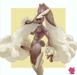 1boy anthro balls big_penis bodily_fluids brown_body brown_fur darkluxia erection femboy fur genital_fluids genitals hi_res humanoid_genitalia humanoid_penis lagomorph looking_at_viewer lopunny male male_lopunny male_only male_pokemon mammal nintendo pecs penis pokémon_(species) pokemon pokemon_(species) precum precum_drip red_eyes side_view simple_background smile solo standing video_games