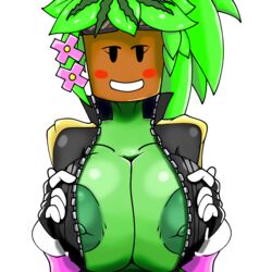 1girls 2020 absurd_res anthro areolae blaster_master blaster_master_zero_2 blush blush_stickers breasts clothing eyelashes female gloves green_skin kanna_(blaster_master) large_areolae large_breasts mob_face partially_clothed plant plant_girl plantie sanitysedge seductive_smile smile solo transparent_background