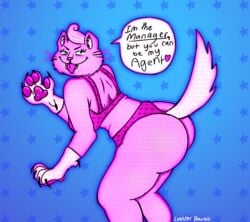 1girls anthro artist_name ass bent_forward blue_background bojack_horseman bra_and_panties cat claws feet_out_of_frame green_eyes lingerie lobster_ravioli looking_at_viewer pink_fur princess_carolyn speaking_to_viewer starred_background tongue_out