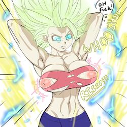 1girls armpits arms_behind_head arms_up aura big_breasts black_hair blonde_hair breast_enlargement breast_expansion breast_inflation breasts caulifla dragon_ball dragon_ball_super electricity female green_eyes light-skinned_female light_skin pseudocel saiyan short_hair shounen_jump spiky_hair super_saiyan super_saiyan_2 tube_top tubetop universe_6/universe_7 universe_6_saiyan/universe_7_saiyan