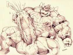 4:3 anthro balls big_balls big_muscles big_penis bodily_fluids bowser cum genital_fluids genitals hi_res huge_balls huge_cock huge_muscles hyper hyper_balls hyper_genitalia hyper_muscles hyper_penis koopa kuroma male male_only mario_(series) masturbation muscular muscular_male nintendo penis scalie solo video_games