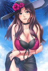 1girls bikini brown_hair dark_green_eyes dorothea_arnault dorothea_arnault_(summer) female female_focus fire_emblem fire_emblem:_three_houses fire_emblem_heroes green_eyes hat hat_flower huge_breasts kobapyon large_breasts long_hair nintendo solo solo_focus sun_hat swimsuit thick_thighs veil voluptuous wet wet_body wide_hips