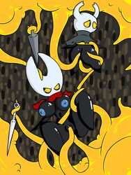 angry black_skin cape cloak female_focus finchie hollow_knight hornet_(hollow_knight) insects multiple_girls orange_eyes protagonist_(hollow_knight) red_cape shortstack siblings tentacle tentacle_sex the_infection_(hollow_knight) thick_thighs worried