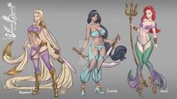 3girls aladdin arabian arabian_clothes ariel bare_shoulders belly black_hair blonde_hair boots bracelet cleavage cleavage_cutout clothing crossover disney disney_princess ensouwon fit fit_female harem_outfit harem_pants large_breasts long_hair medium_breasts navel princess_jasmine rapunzel red_hair royalty shoes shoulder_armor small_breasts sword tangled the_little_mermaid trident very_long_hair watermark