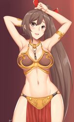 1girls arciealbano armpits arms_up azur_lane belly belly_dancer belly_dancer_outfit bracelet brown_eyes brown_hair chains_between_breasts cleavage dancer dancer_outfit female femsub hairbow harem_girl harem_outfit large_breasts light_blush long_hair navel princess_leia_organa_(cosplay) slave slave_bikini slave_collar slave_leia_(cosplay) slave_outfit slavegirl star_wars submissive_female zuikaku_(azur_lane)