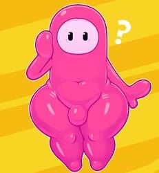 1boy acstlu anthro belly_button bulge fall_guys hand_on_cheek hand_on_head male_only penis_bulge pink_skin question_mark simple_background solo striped_background thick_thighs