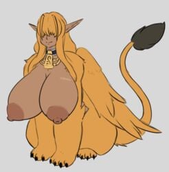 2020 areola beast_(disambiguation) big_areola big_breasts breasts busty_feral claws clothing egyptian_clothing feathers felid female feral fur hair hidden_eyes honky_kat huge_breasts hyper hyper_breasts iabat_(character) jewelry long_ears long_hair mammal markings mythological_sphinx mythology necklace nipples orange_body orange_fur smile solo sphinx