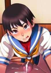 4st_injection after_fellatio blush capcom censored cum licking penis sakura_kasugano smile street_fighter tagme tears tongue