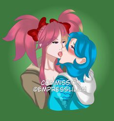 blue_eyes empresslilum eyes_open female_only french_kiss kissing pink_eyes pink_hair saiko_bichitaru_(smg4) smg4 tari_(smg4) tongue twintails yuri