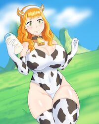 abs animal_ears bemm big_breasts big_thighs black_clover cow_girl cow_print fake_horns linkxs milk milk_bottle mimosa_vermillion muscular muscular_female orange_hair tagme thick thick_thighs