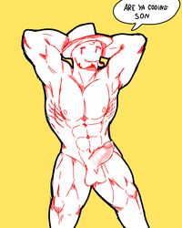 1boy abs are_ya_winning_son bara beard black_outline erection facial_hair gay hands_behind_head hat looking_to_the_side male male_focus male_only muscle muscular_male nude pecs posing precum_bubble presenting serratus_anterior thick_penis yellow_background