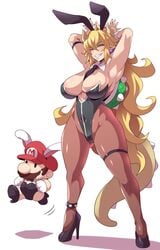 1boy 1girls anime_style big_breasts bowsette breasts bunny_ears bunny_girl bunnysuit canon_crossdressing cleavage crossdressing female genderswap genderswap_(mtf) konno_tohiro large_breasts leotard looking_at_viewer male mario mario_(series) necktie_between_breasts new_super_mario_bros._u_deluxe nintendo pantyhose rabbit_mario rule_63 spiked_anklet spiked_shell spiked_tail super_mario_land_2 thick_thighs wide_hips