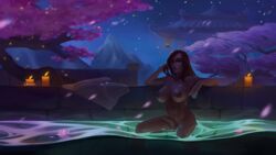 atmospheric blizzard_entertainment candles cherry_blossoms dark-skinned_futanari futa_only futanari hotspring human_(warcraft) lanoun lantern mia_winterchi monk night warcraft water windwalker_mia world_of_warcraft wow