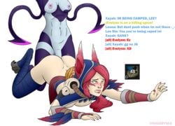 2girls ass bird_feet breasts chat dialogue doggy_style english_text evelynn from_behind futa_on_female futanari gameplay_mechanics league_of_legends nipples nude nude_female nudity penetration rape sex shadrysea text thick_thighs thong vastaya video_games xayah